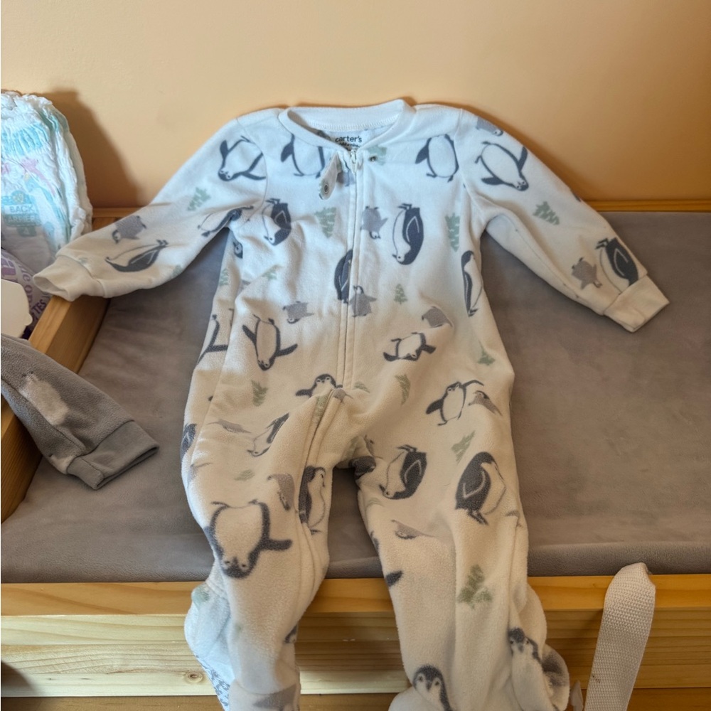 Carter's White and Gray Penguin Footie pajamas